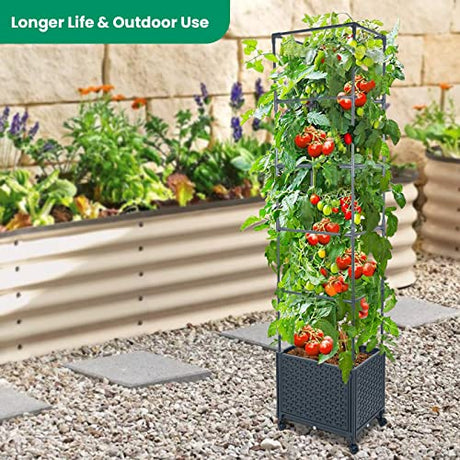 GREEN MOUNT Raised Garden Bed Planter Box with Trellis for Climbing Vegetables Plants, 67.6" Outdoor Tomatoes Planters Tomato Cage w/Wheels GREEN MOUNT