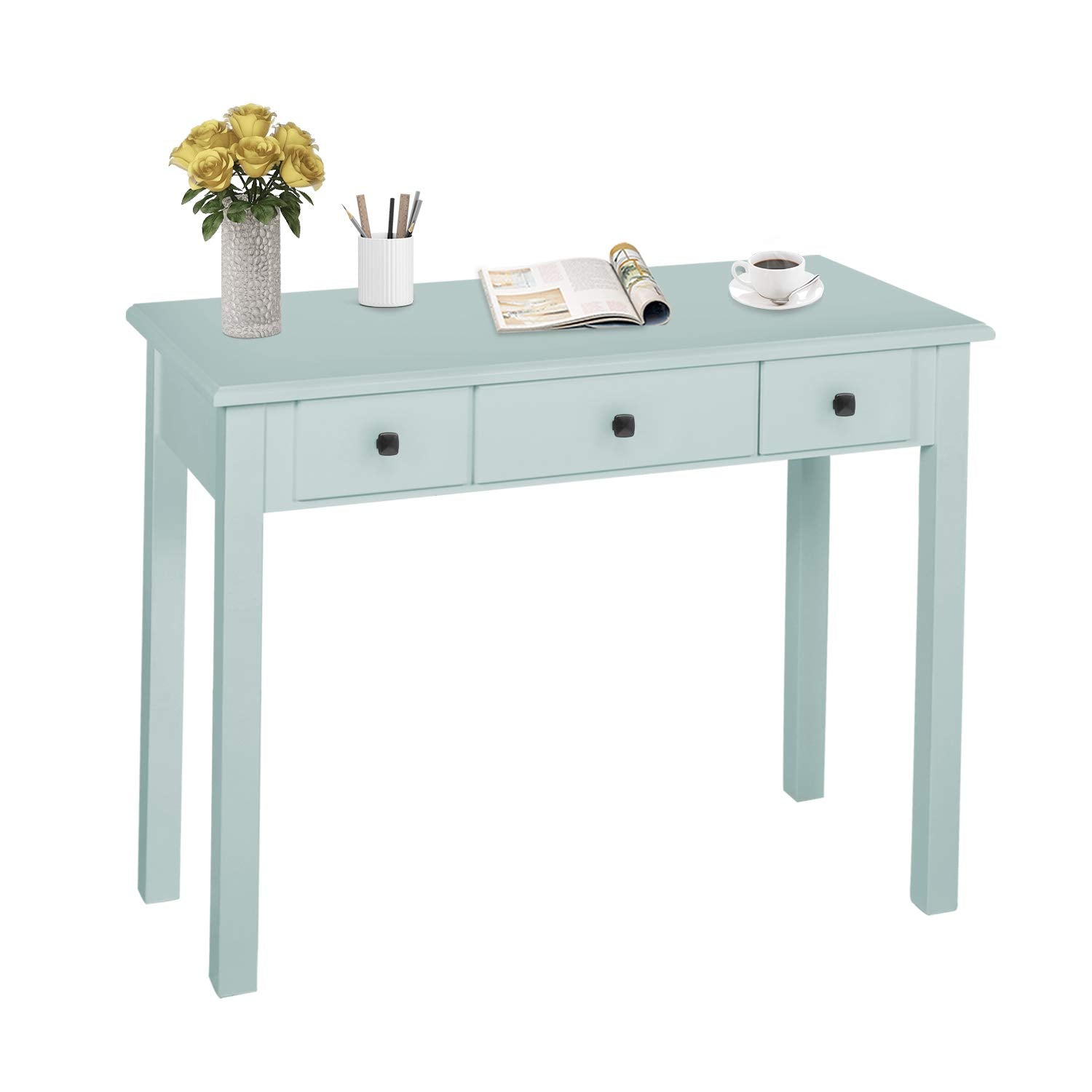 STHOUYN Home Office Small Writing Desk with Drawers Bedroom, Study Table for Adults/Student, Vanity Makeup Dressing Table Save Space Gifts Green STHOUYN