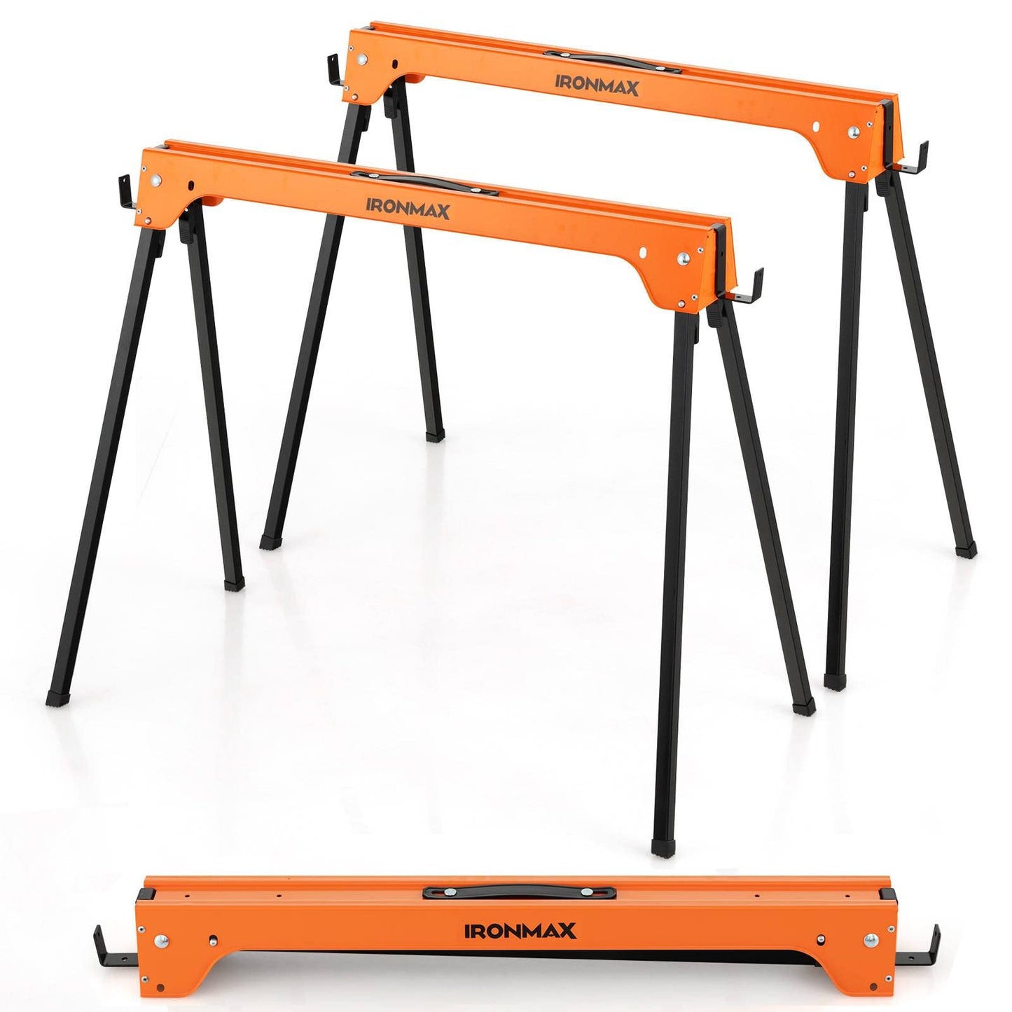IRONMAX Saw Horses 2 Pack Folding, Heavy Duty Sawhorse 2644 LBS Capacity w/ 4 Detachable Hooks & 2x4 Fast Open Support Legs, Lightweight Sawhorses
