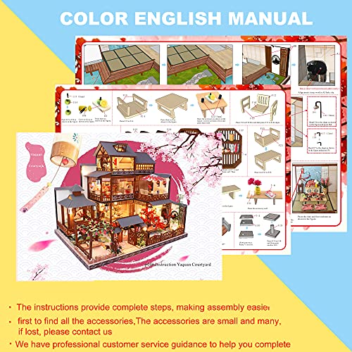 Spilay DIY Dollhouse Miniature with Wooden Furniture,DIY Dollhouse Kit Big Japanese Courtyard Model with LED & Music Box,1:24 Scale Creative Room