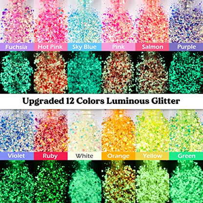 Glow in The Dark Glitter, LET'S RESIN 12 Colors Luminous Chunky Glitter, 0.42oz/Bottle High Luminance Glitter, Chunky Glitter for Resin, Nail, Skin, - WoodArtSupply