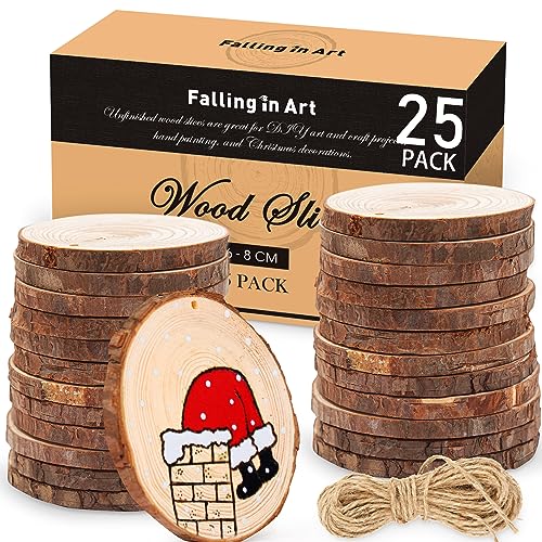 Falling in Art 2.3-3.1 Inches Natural Wood Slices Set for Crafts - 25Pcs Round Wood Discs with Pre-drilled Hole for DIY Projects, Christmas Ornaments Falling in Art