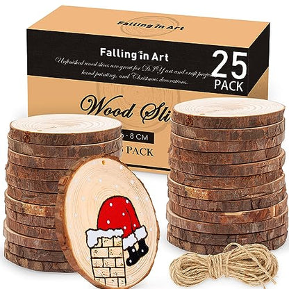 Falling in Art 2.3-3.1 Inches Natural Wood Slices Set for Crafts - 25Pcs Round Wood Discs with Pre-drilled Hole for DIY Projects, Christmas Ornaments - WoodArtSupply