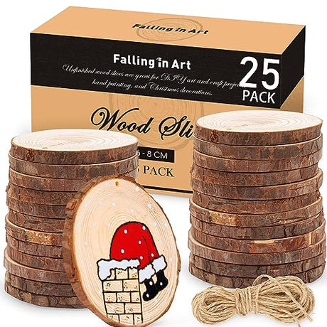 Falling in Art 2.3-3.1 Inches Natural Wood Slices Set for Crafts - 25Pcs Round Wood Discs with Pre-drilled Hole for DIY Projects, Christmas Ornaments Falling in Art