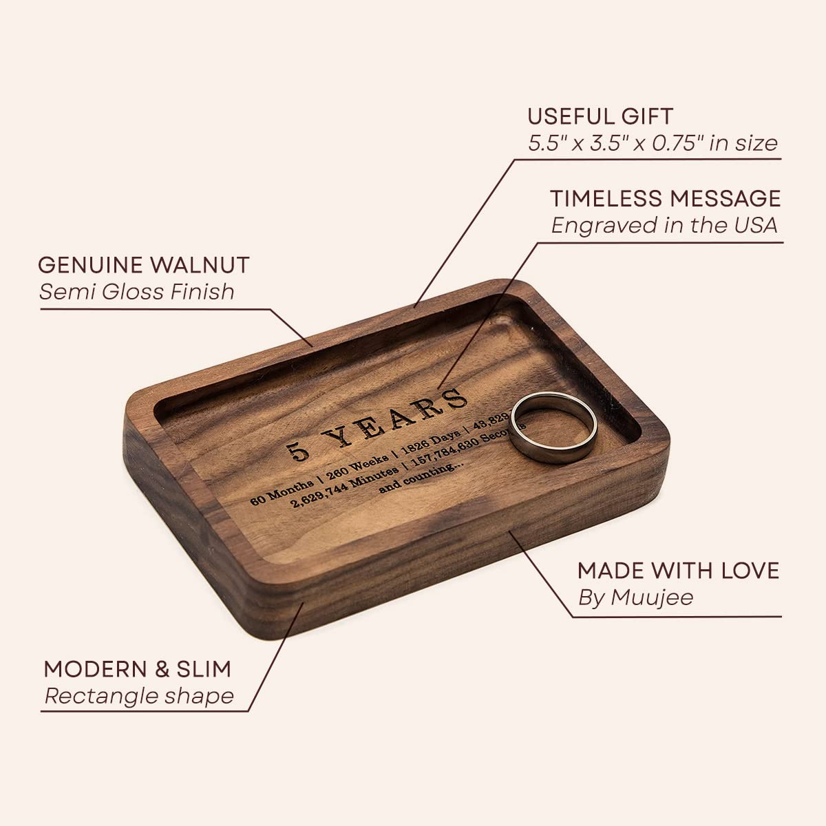 MUUJEE Ring Dish - Engraved Rectangle Wood Tray Small Jewelry Dish 5 Year Wedding Anniv Gifts Ideas - 5.5" x 3.5" (5 Years) MUUJEE