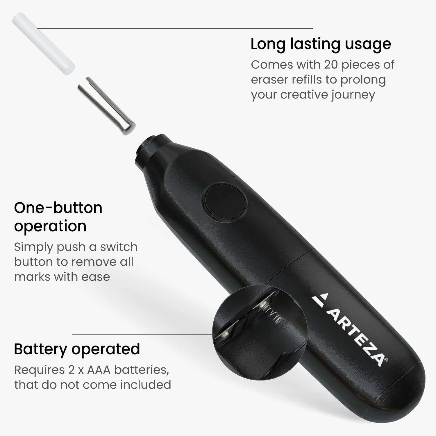 Arteza Pencil Sharpener and Electric Eraser Set, Black, for 8-mm Pencils, 20 Eraser Refills, Office Supplies for Teachers, Students, Classrooms, and ARTEZA