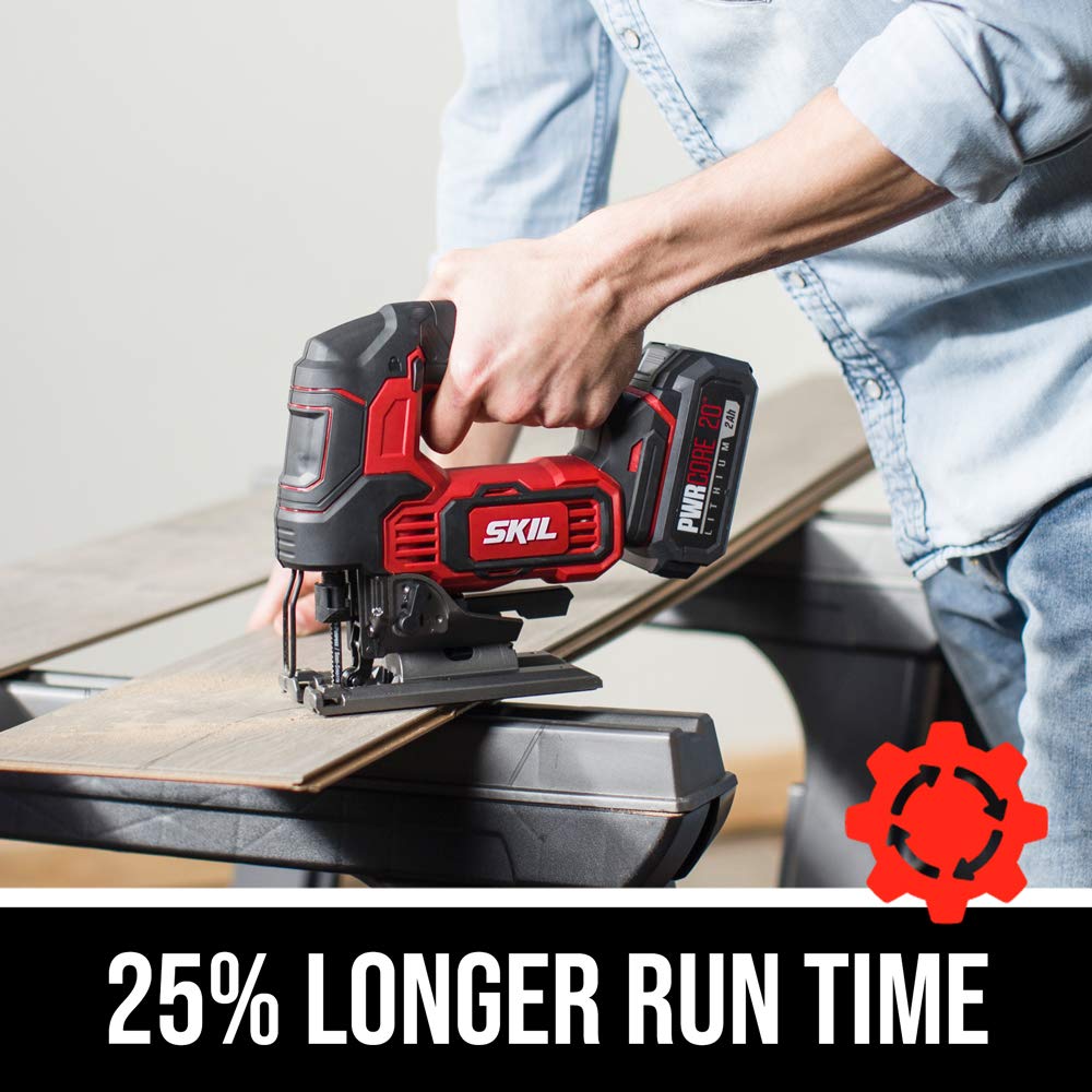 SKIL PWR CORE 20 Brushless 20V 1 Inch Stroke Jigsaw Includes 2.0Ah Lithium Battery with PWR ASSIST USB and PWR JUMP Charger - JS820202 Skil