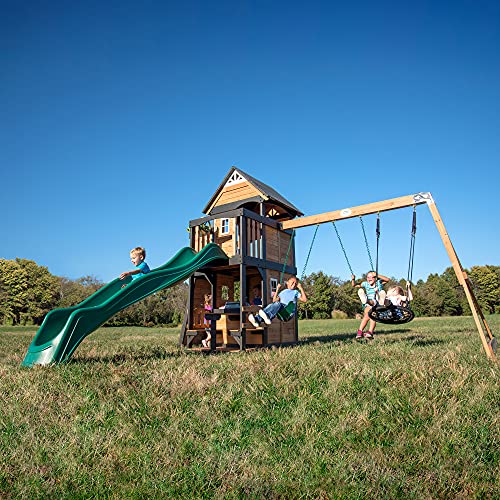 Backyard Discovery Canyon Creek All Cedar Wood Swing Set, Playhouse with Grill, Plastic Food, Picnic Area, Steering Wheel, Two Belt Swings, Rock Backyard Discovery