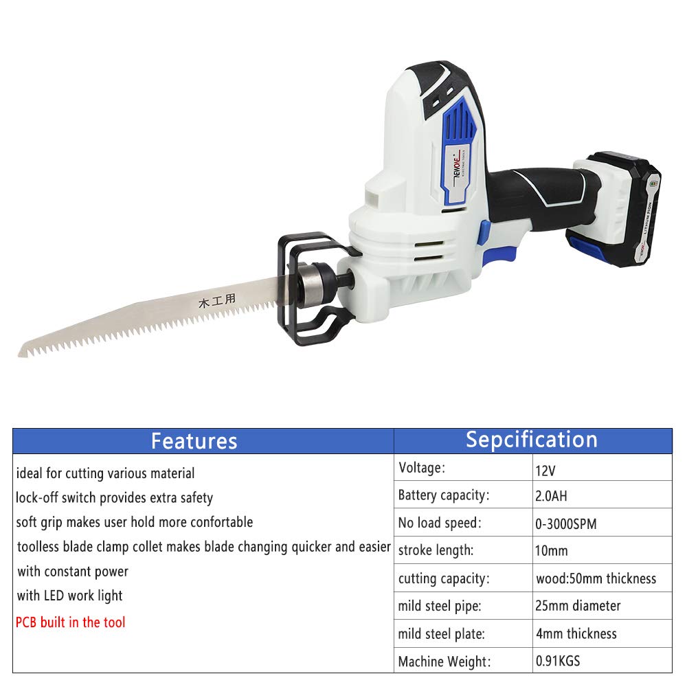 12V Cordless Reciprocating Saw with 2x Wood Blades Includes 2.0Ah Battery, Smart Charger and USB Power Source - WoodArtSupply