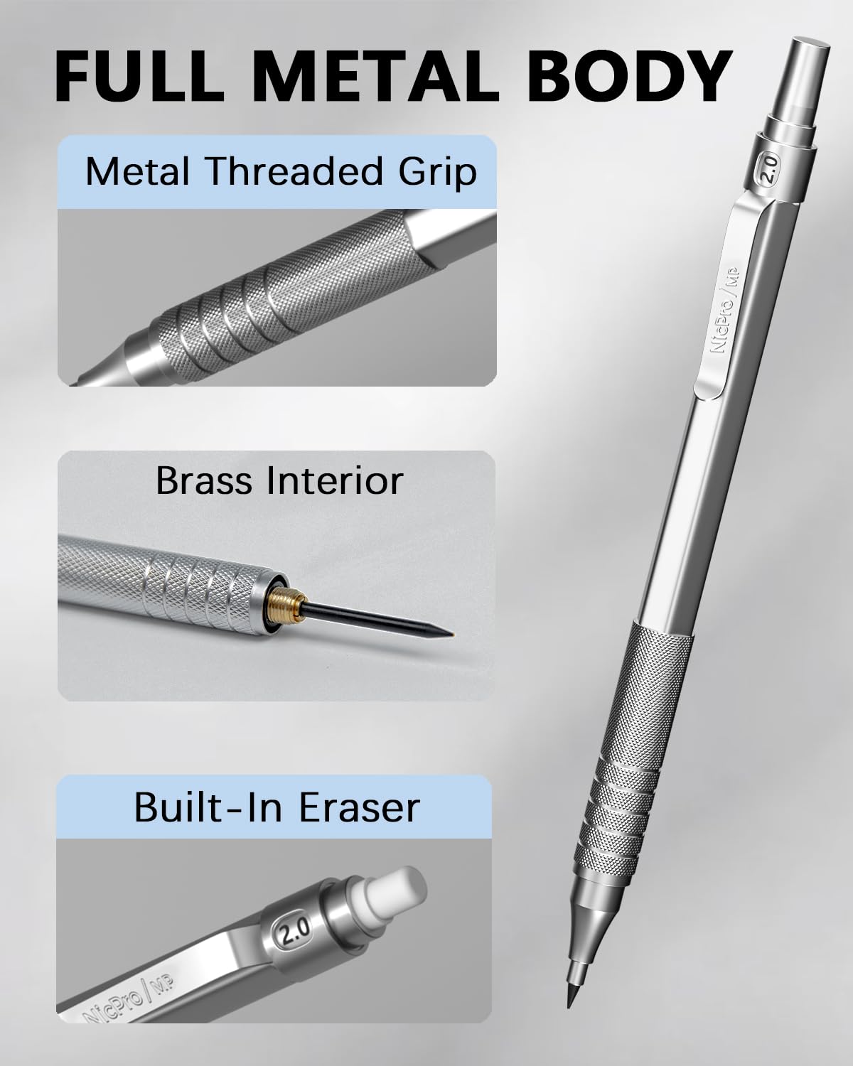 Nicpro Metal 2.0 Mechanical Pencil Set with Case, 3 PCS Drafting Lead Holder with 10 Tubes 2mm Graphite Lead Refill(HB 2H 4H 2B 4B) &Colors, - WoodArtSupply