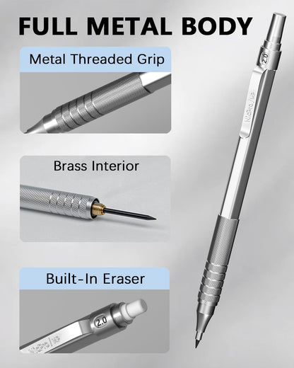 Nicpro Metal 2.0 Mechanical Pencil Set with Case, 3 PCS Drafting Lead Holder with 10 Tubes 2mm Graphite Lead Refill(HB 2H 4H 2B 4B) &Colors, - WoodArtSupply