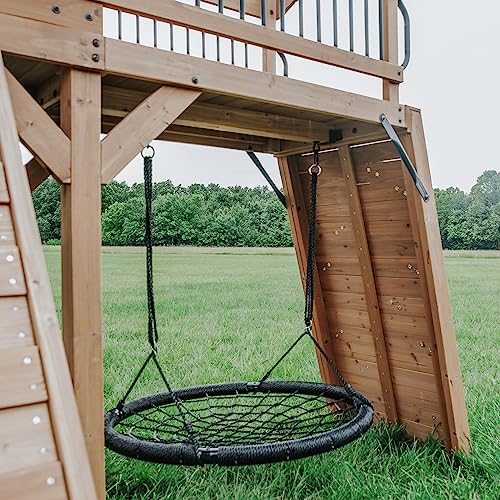 Backyard Discovery Sterling Point All Cedar Wooden Swing Set, Raised Clubhouse, Grey Wave Slide, Web Swing, Climbing Wall, 10ft Wave Slide, 2 Belt Backyard Discovery