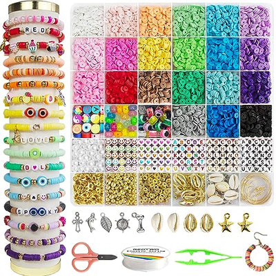 Redtwo 6200 Pcs Clay Beads Bracelet Making Kit, Flat Round Polymer Heishi Friendship Bracelet Jewelry Kit with Charms and Elastic Strings for Girls