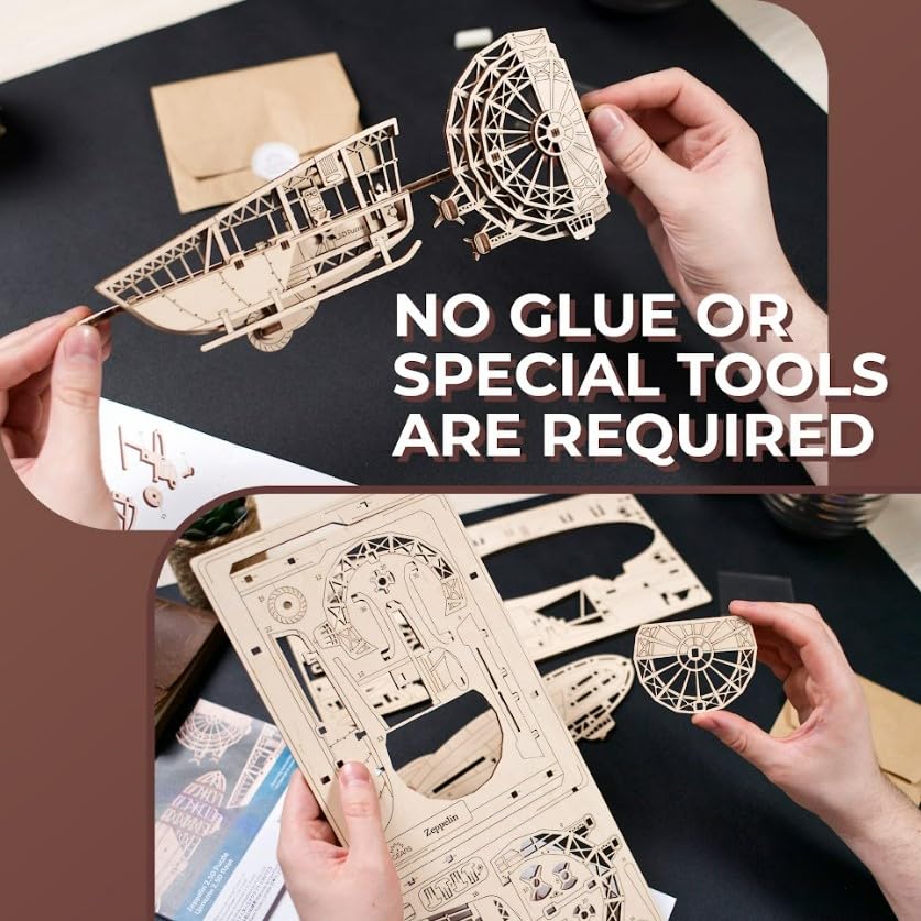UGEARS 2.5D Framed Zeppelin - Classic Aircraft Wood Model Kit with Movable Propellers & Stabilizers - Airship Wooden Puzzle Model Kits for Adults - UGEARS