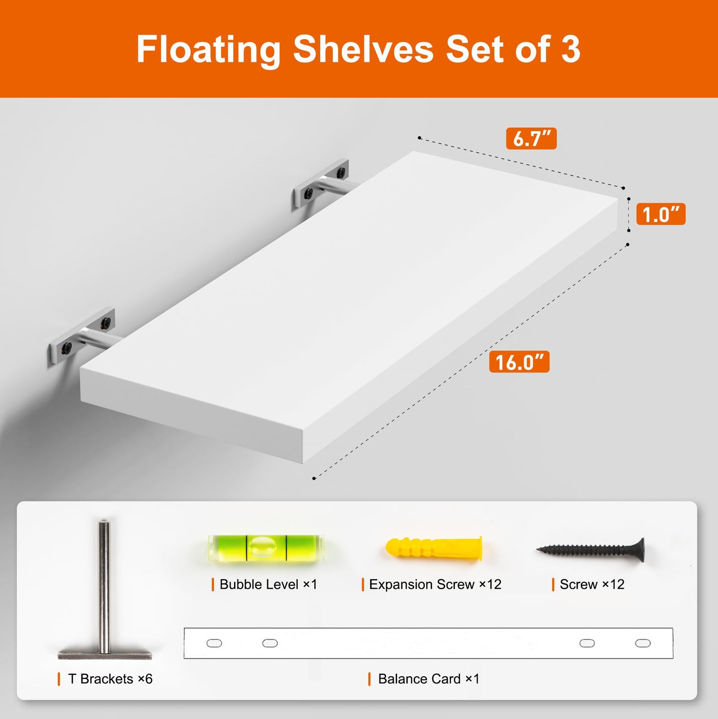 oridom Floating Shelves for Wall, White Wood Wall Shelf Set of 3, 16" Wall Mounted Floating Shelf for Kitchen, Living Room, Bedroom, Bathroom