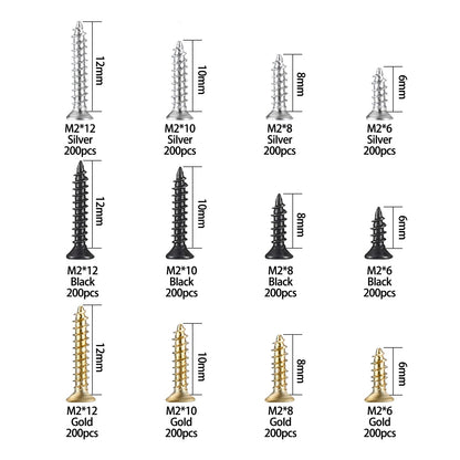 2400 Pcs M2 Small Screws Set, Flat Head Phillips Wood Screws, Tiny/Micro/Mini Self Tapping Cross Head Screws Assortment Kit for Electronic DIY - WoodArtSupply