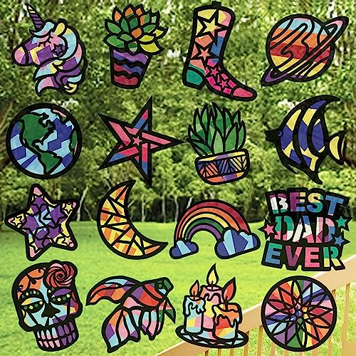 VHALE Suncatchers Craft 3 Sets (9 Cutouts) w Tissue Papers Stained Glass Effect Paper Sun Catcher Kit, Window Art, Classroom Crafts, Creative Art VHALE