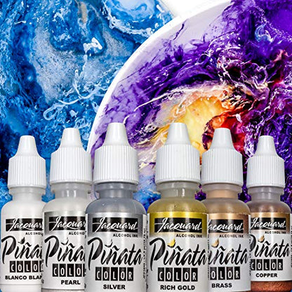 Jacquard Pinata Alcohol Ink - Metallic Alcohol Ink Colors Bundle - Made in USA - Silver - Copper - Pearl - Brass - Rich Gold - Blanco Blanco - - WoodArtSupply