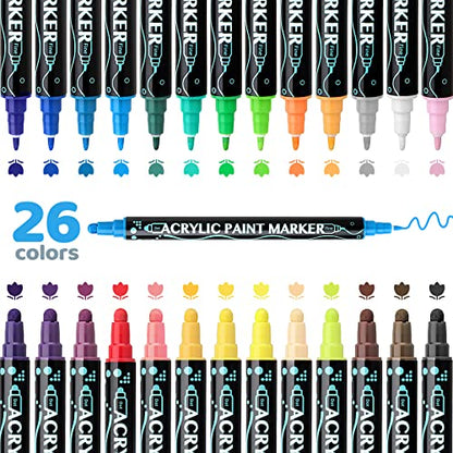 colpart 26 Colors Dual Tip Acrylic Paint Pens Markers，Premium Acrylic Paint Pens for Rock Painting Wood Canvas Plastic Metal Stone, Christmas Gift