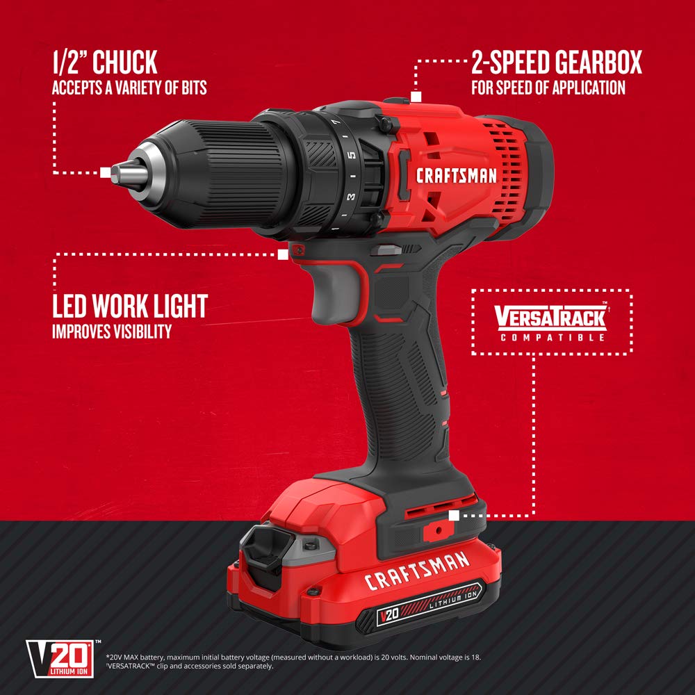 CRAFTSMAN V20 Cordless Drill/Driver Kit, 1/2 inch, Battery and Charger Included (CMCD700C1) Craftsman