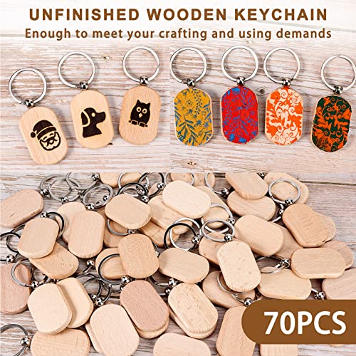 Auihiay 70 PCS Wooden Keychain Blanks, Wood Engraving Blanks Key Chain, Unfinished Rectangle Round Wood Key Tag for DIY Crafts (Rectangle) - WoodArtSupply