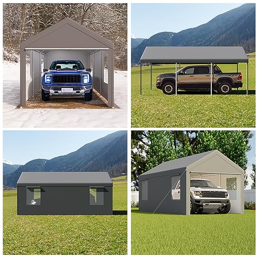 CAPEWORTH Carport,12x20 Heavy Duty Carports, Canopy, Garage, Metal Shed, with 4 Roll-up Ventilated Windows, Outdoor, Storage, Car, Boat,12x20 Grey CAPEWORTH