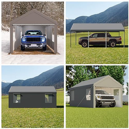 CAPEWORTH Carport,12x20 Heavy Duty Carports, Canopy, Garage, Metal Shed, with 4 Roll-up Ventilated Windows, Outdoor, Storage, Car, Boat,12x20 Grey - WoodArtSupply