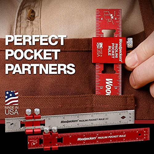 Woodpeckers Paolini Pocket Rules, 8 Inch Stainless Steel Woodworking Ruler with Slide Stops Woodpeckers