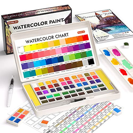 Watercolor Paint Set, Shuttle Art 48 Colors Watercolor Paint in Half Pans with 2 Water Brush Pens, 10 Paint Brushes, 1 Watercolor Pad, 1 Palette, 2 Shuttle Art