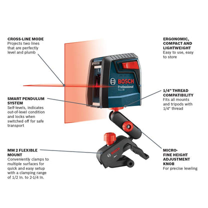BOSCH GLL30 30ft Cross-Line Laser Level Self-Leveling with 360 Degree Flexible Mounting Device