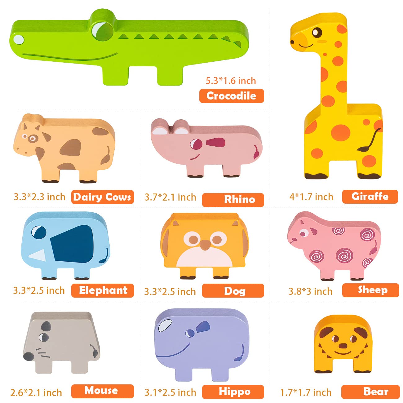 Montessori Toys for 2 3 4 Year Old, 10pcs Wooden Animal Blocks Sorting & Stacking Toys for 2-4 Year Old Toddlers Girl Boy Gifts, Kids Preschool Bambilo