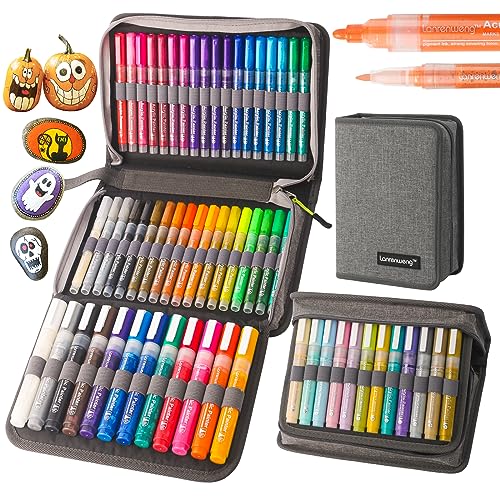 LANRENWENG Acrylic Paint Marker Pens 60 Color Painting Markers for Christmas Rock Painting with Canvas Bag, Stone, Ceramic, Glass, Wood, Fabric,