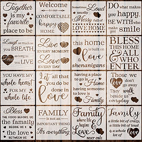 16 Pieces Inspirational Word Stencils Family Sign Stencils Reusable Stencils Love Home Template with Metal Open Ring for Painting on Wood, Porch, Zonon