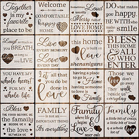 16 Pieces Inspirational Word Stencils Family Sign Stencils Reusable Stencils Love Home Template with Metal Open Ring for Painting on Wood, Porch, Zonon