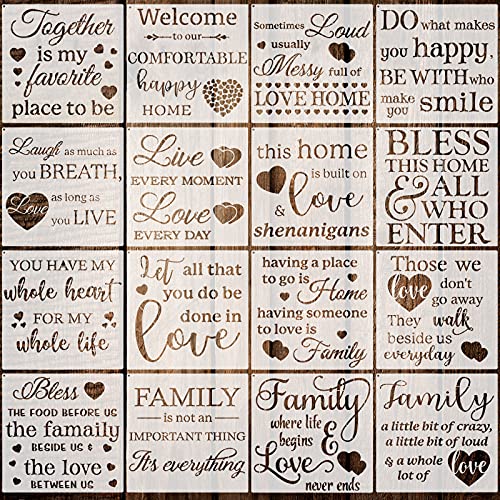 16 Pieces Inspirational Word Stencils Family Sign Stencils Reusable Stencils Love Home Template with Metal Open Ring for Painting on Wood, Porch,