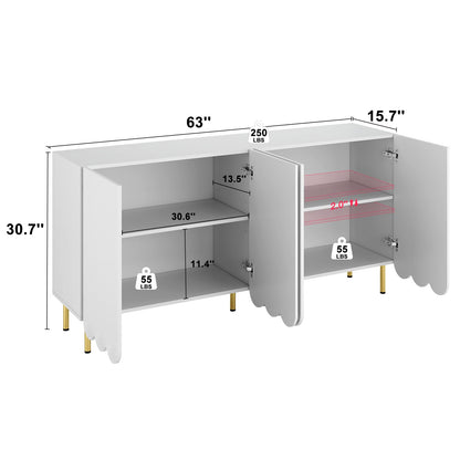 howcool 63'' Sideboard Buffet Cabinet, White Fluted Credenza Storage Cabinet with 4 Doors, Cream Style Coffee Bar Cabinet for Living Room, Hallway