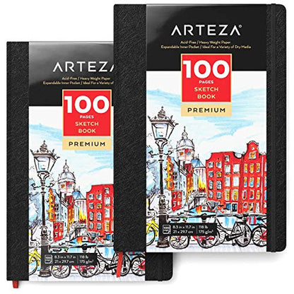 Arteza 8.3x11.7 Inch Sketch Book, Pack of 2, 100 Pages per Pad, 118lb/175gsm, Hardcover Journals with Bookmark Ribbon, Expandable Inner Pocket, and