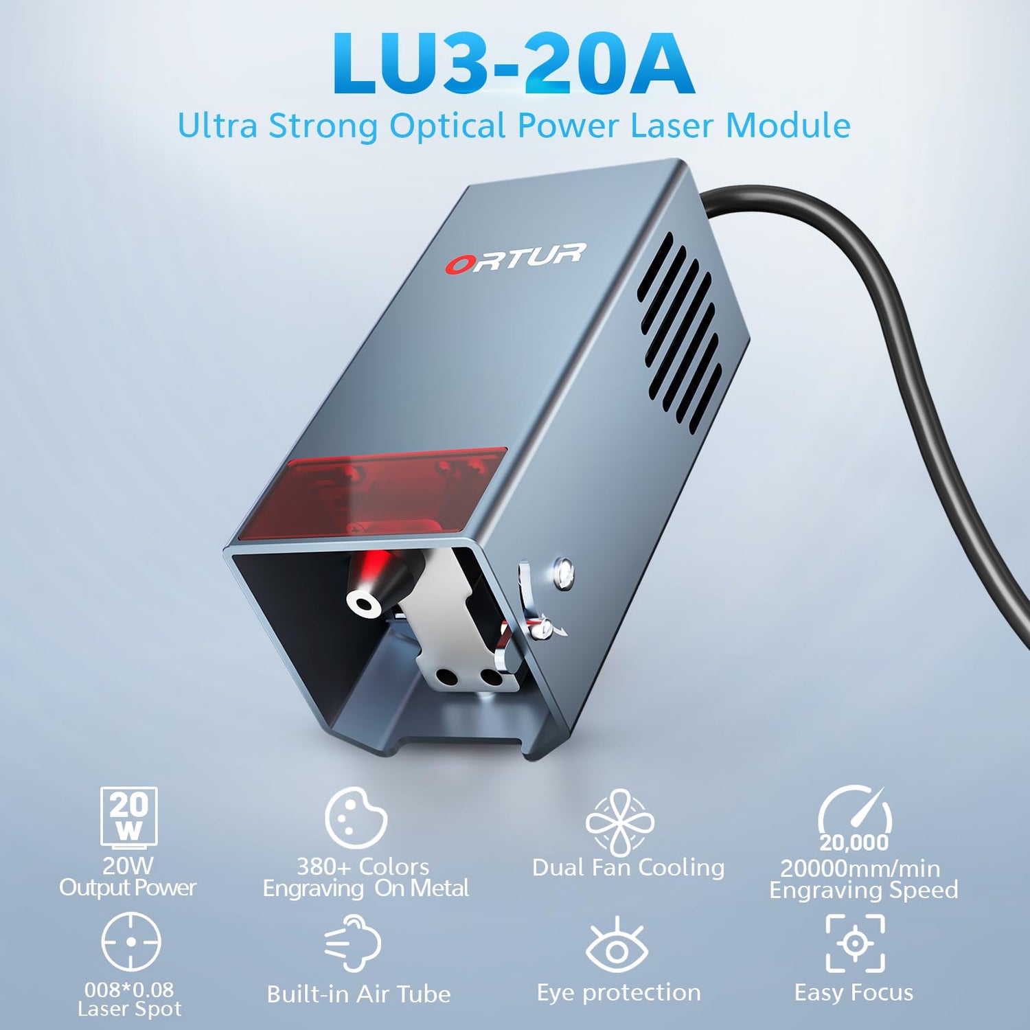 ORTUR 20W Laser Module LU3-20A, Higher Accuracy 0.08*0.08mm Compressed Spot Laser Head for All ORTUR Laser Engraver, Dual Fan Cooling, 380+ Colors On Ortur