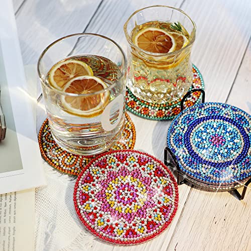 Temlum 6 Pcs Diamond Painting Coasters with Holder, Mandala Diamond Art Coasters Kits for Beginners, Adults, Kids Small Diamond Painting Kit Art Temlum
