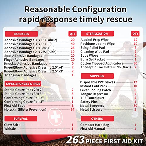 Home-Car-First-Aid-Kit-Camping-Essentials - 263pcs Waterproof Zippers is Ideal for Travel, Office, Boat, Sports, Businesses, Hiking, Emergency Pumier