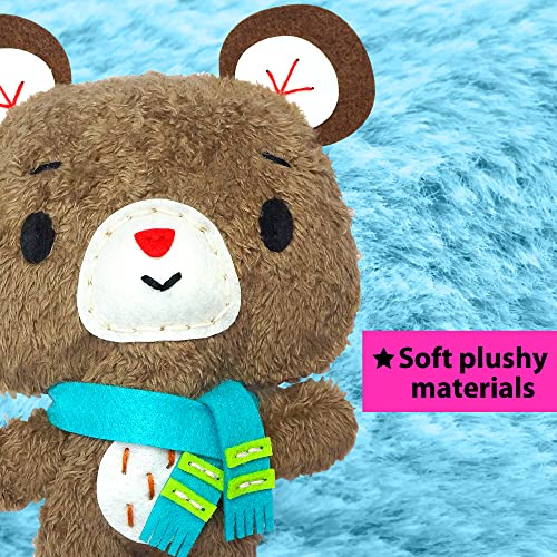 KRAFUN Sewing Kit for Kids Age 7 8 9 10 11 12 Beginner My First Art & Craft, Includes 3 Stuffed Animal Dolls Teddy, Raccoon and Owl, Instructions & KRAFUN