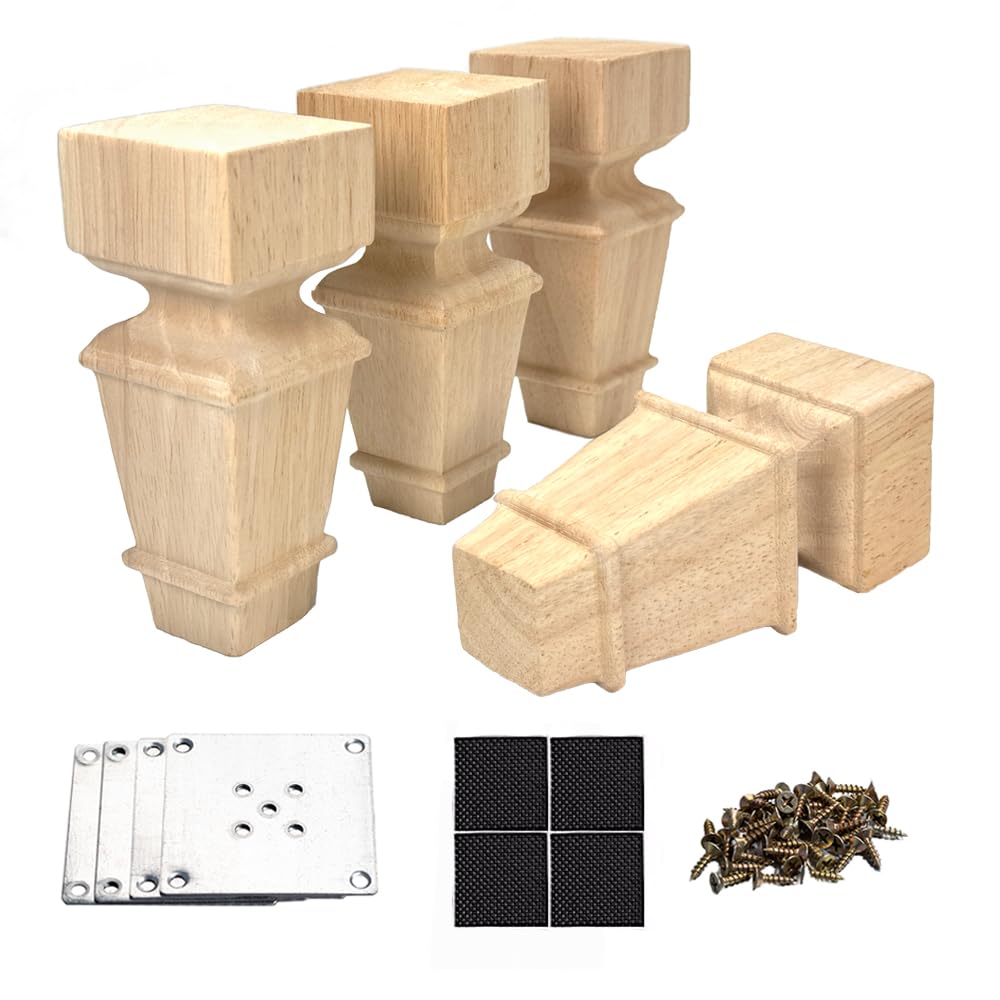 6 Inch Wooden Furniture Legs with Mounting Plates Screws Set of 4 Solid Wood Unfinished European Style Replacement Furniture Feet for Couch Cabinet Aiminjey