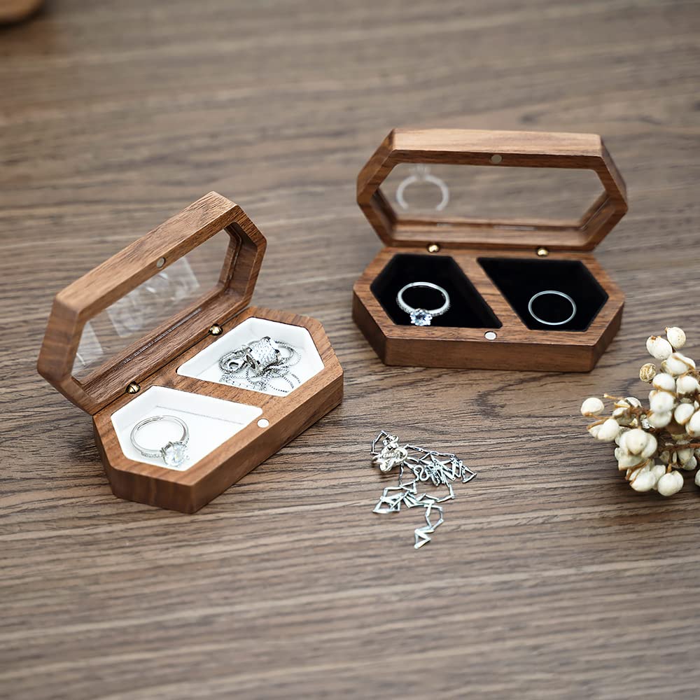 Wood Double Ring Box Jewelry Box Engraved Wooden Ring Holder for 2 Rings Engagement Proposal Wedding Ceremony Ring Bearer Box Valentine's Day - WoodArtSupply