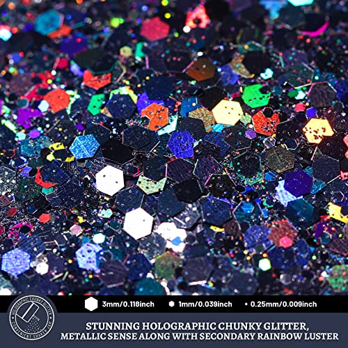 LEOBRO Black Glitter, Holographic Chunky Glitter, 160G/5.64OZ Glitter, Craft Glitter for Resin, Metallic Iridescent Chunky Fine Glitter Sequin Flake - WoodArtSupply