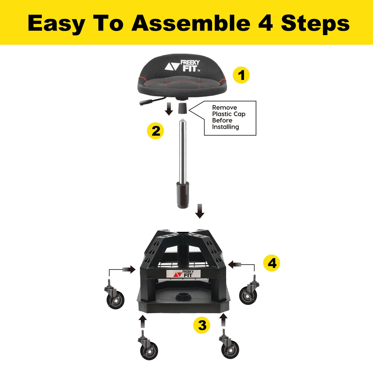 FreekyFit Rolling Shop Stool for Garage with Casters, DO02-Adjustable Height 360° Swivel Shop Seat with Tool Tray Storage, 330 LBS Capacity Padded FreekyFit