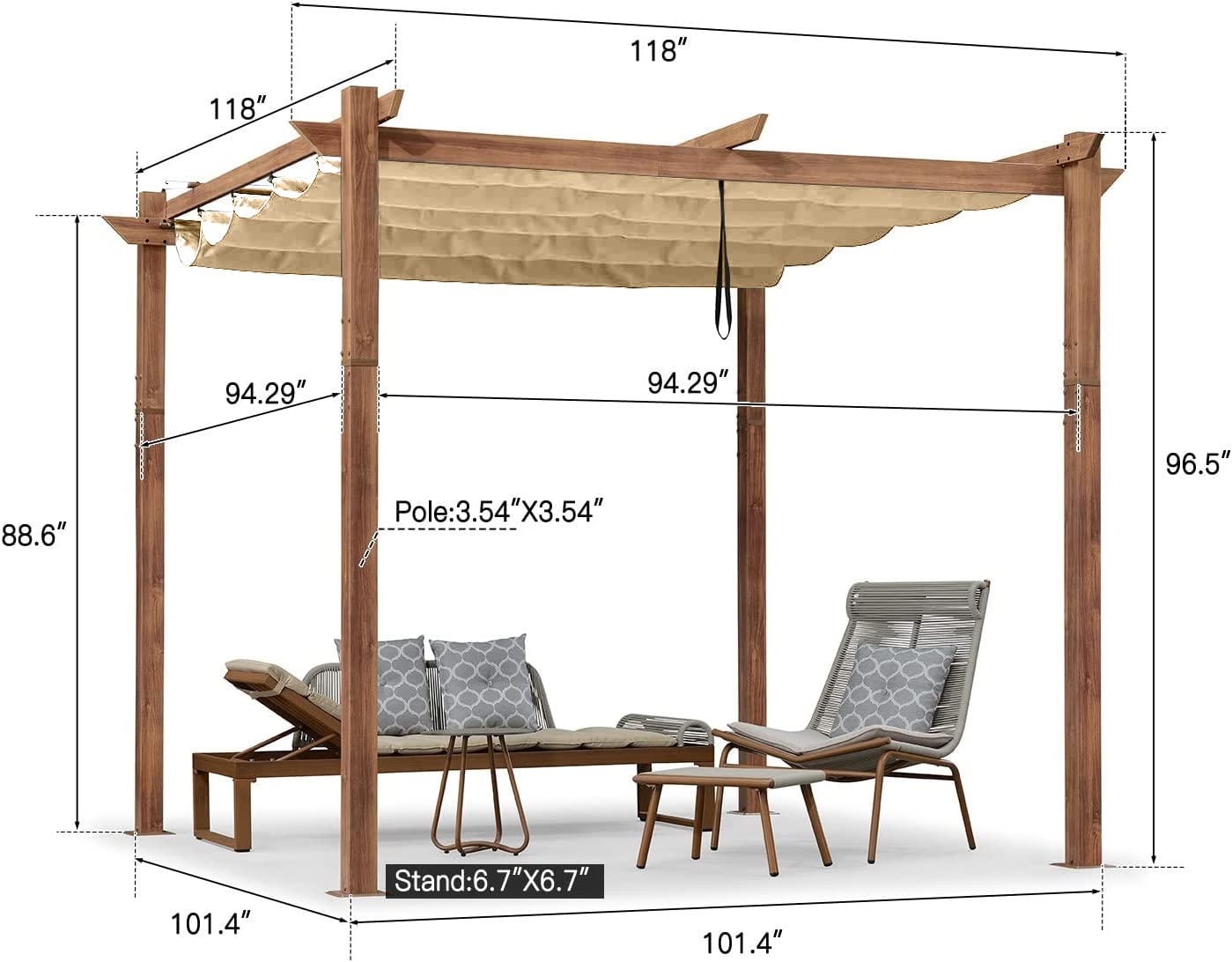 PURPLE LEAF 10' x 10' Outdoor Retractable Pergola with Sun Shade Canopy Patio Metal Shelter for Garden Porch Beach Pavilion Natural Wood Grain Frame - WoodArtSupply