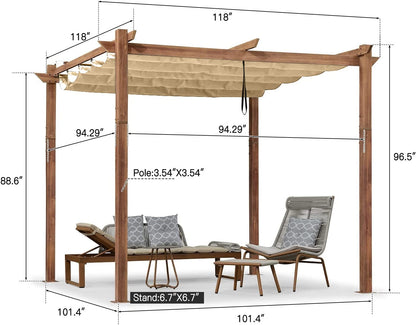 PURPLE LEAF 10' x 10' Outdoor Retractable Pergola with Sun Shade Canopy Patio Metal Shelter for Garden Porch Beach Pavilion Natural Wood Grain Frame - WoodArtSupply