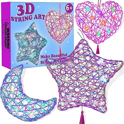 Beilunt 3D String Art Kits Crafts for Girls Ages 8-12, Arts and Crafts for Kids Ages 6-8, Make String Lantern with 20 Colored LED Bulbs for Girls 6 7