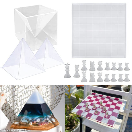 RESINWORLD 12 inches XL Large Checkers Chess Board Mold with 16pcs Chess Pieces + 2Pcs Inner Pyramid Silicone Molds with 1Pcs Plastic Frame ResinWorld