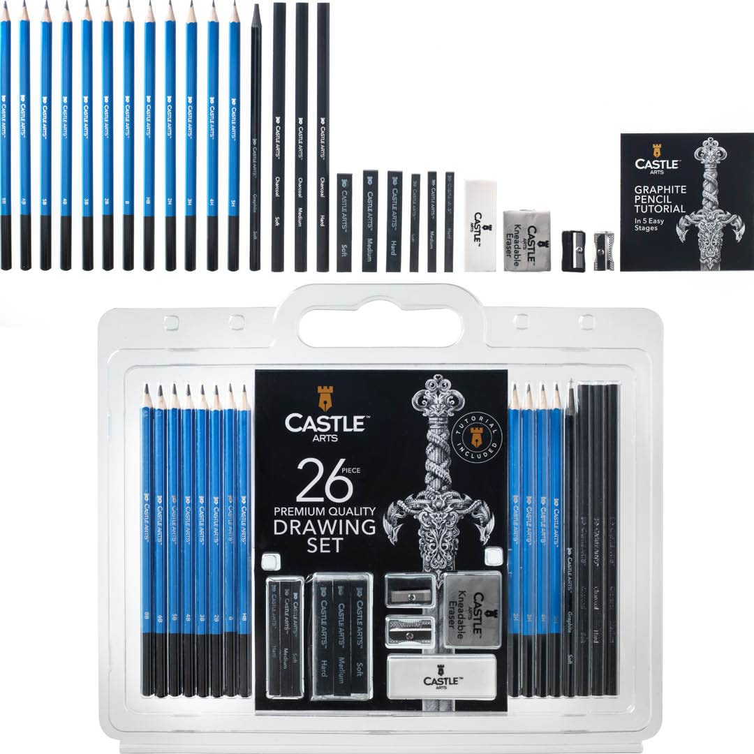 Castle Art Supplies 26 Piece Drawing and Sketching Art Set: Perfect for Beginners, Kids or Any Aspiring Artist - Includes Graphite Pencils and - WoodArtSupply